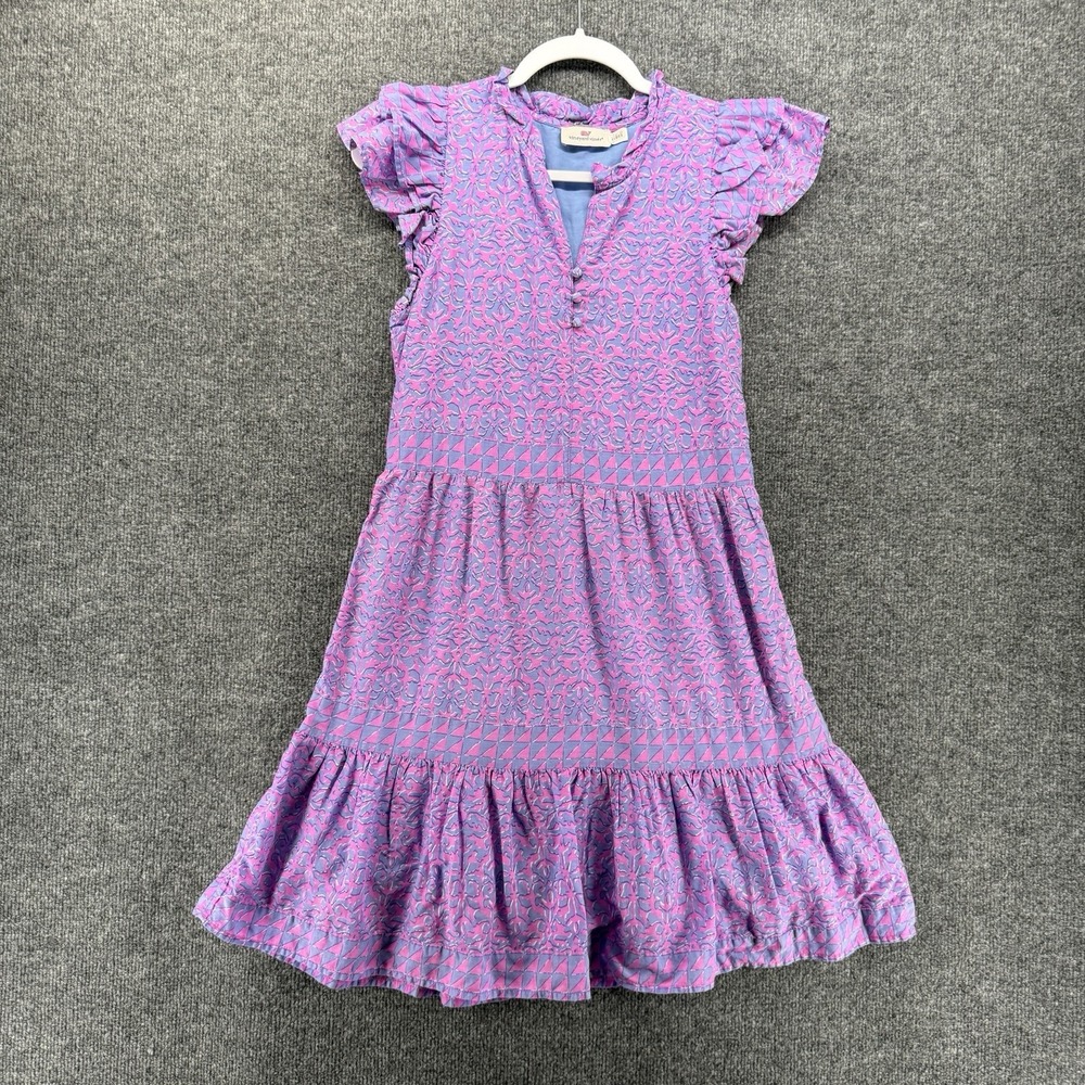 Vineyard Vines Dress Womens S Purple Floral V-Neck Tiered Boho Cottage Soft Girl